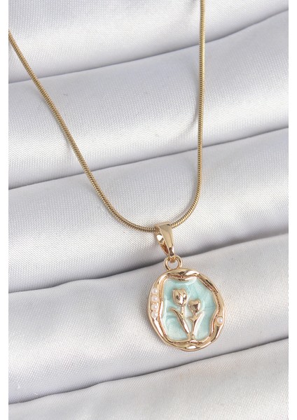 316L Çelik Gold Renk Zincir Turkuaz Mineli Çiçek Işlemeli Portre Model Kadın Kolye - Lisinya