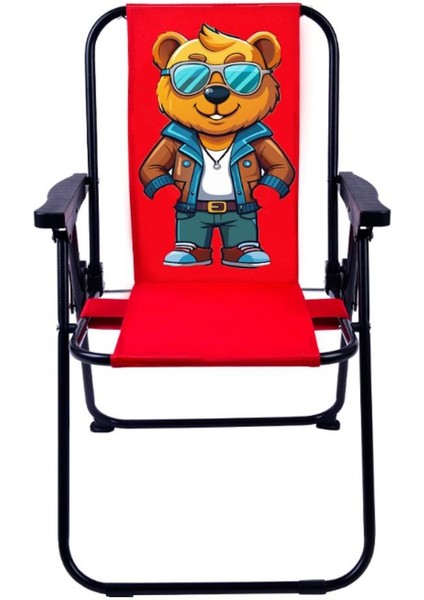 Maskot Ayı 2-6 Yaş Lüx Çocuk Piknik Sandalyesi-Mini Kamp Sandalyesi-Kırmızı