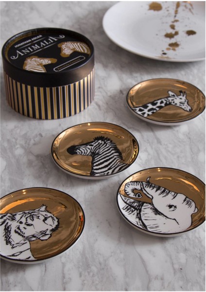 Animalia 4’lü Bardak Altlığı Seti 10 Cm, Porselen Altın Detaylı modelleri