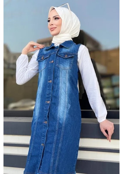 Nesa Püsküllü Kot Yelek 1527 - Mavi