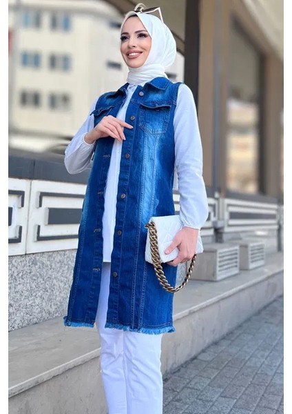 Nesa Püsküllü Kot Yelek 1527 - Mavi modelleri