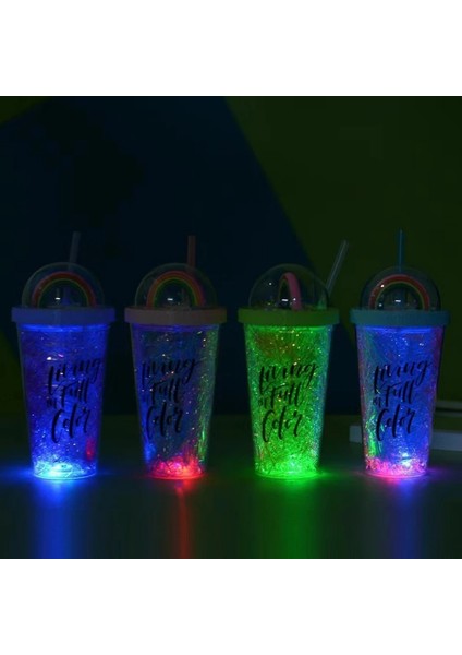 LED 3D Renkli Işıklı Mika Suluk Matara Pipetli Su Şişesi Kokteyl Bardağı Işıklı Figürlü modelleri