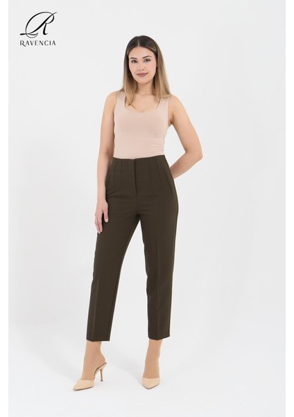 Kadın Model Yüksek Bel Kumaş Haki Pantolon