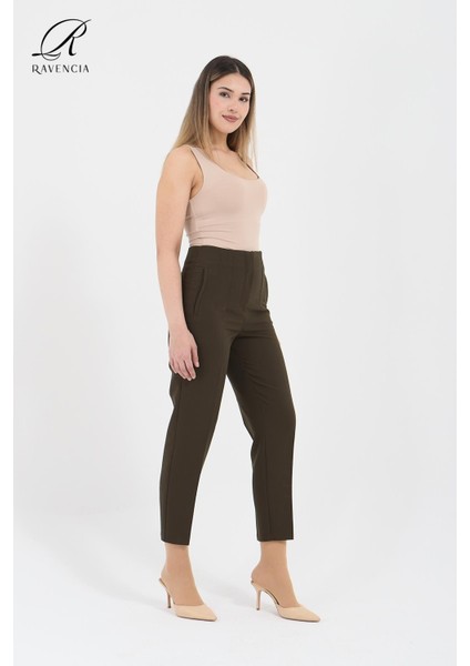 Kadın Model Yüksek Bel Kumaş Haki Pantolon