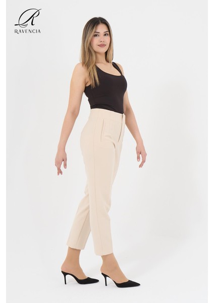 Kadın Model Yüksek Bel Kumaş Koyu Krem Pantolon