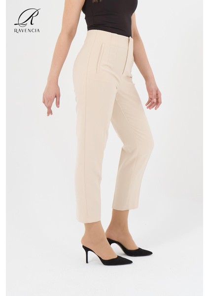 Kadın Model Yüksek Bel Kumaş Koyu Krem Pantolon