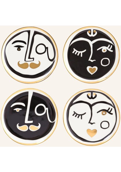 Soyut Yüz Çizimli 4 Parça Porselen Tabak Seti – Altın Detaylı, Ø10 cm