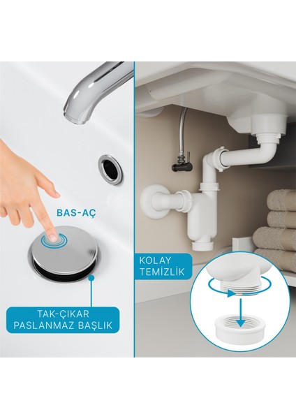 Smart Pop-Up Sifon , Taşma Delikli Krom +Comfort Yer Kazandıran Lavabo Sifonu -2 Parça Set