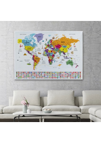 - Türkçe Dünya Haritası Ayrıntılı Eğitici Sembollü Bayraklı Dekoratif Kanvas Tablo 2834