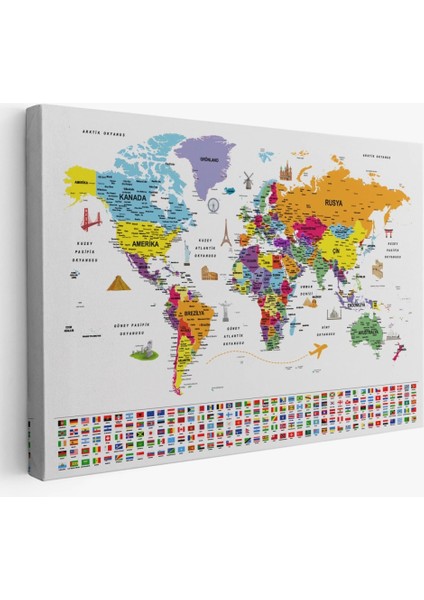 - Türkçe Dünya Haritası Ayrıntılı Eğitici Sembollü Bayraklı Dekoratif Kanvas Tablo 2834 fiyatları