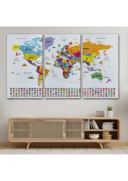 - Türkçe Dünya Haritası Ayrıntılı Eğitici Sembollü Bayraklı Dekoratif Kanvas Tablo 2834 modelleri