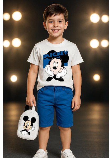 Erkek Çocuk Mikki Mouse Baskılı Tişört Şort Takım + Sırt Çantası 2-8 Yaş