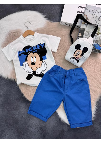 Erkek Çocuk Mikki Mouse Baskılı Tişört Şort Takım + Sırt Çantası 2-8 Yaş fiyatları