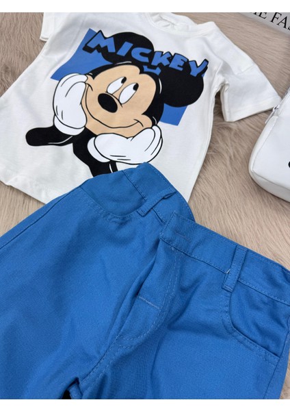 Erkek Çocuk Mikki Mouse Baskılı Tişört Şort Takım + Sırt Çantası 2-8 Yaş modelleri