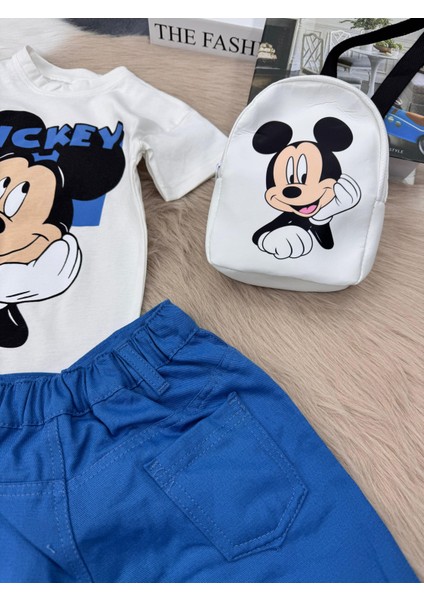 Erkek Çocuk Mikki Mouse Baskılı Tişört Şort Takım + Sırt Çantası 2-8 Yaş fırsatları