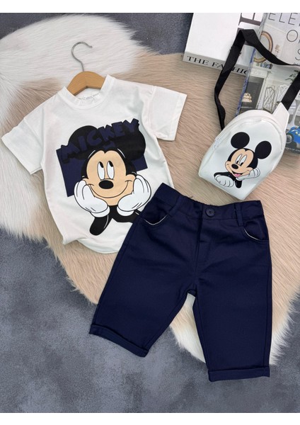 Erkek Çocuk Mikki Mouse Baskılı Tişört Şort Takım + Sırt Çantası 2-8 Yaş fiyatları
