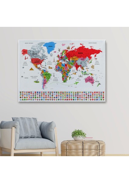 - Türkçe Dünya Haritası Ayrıntılı Eğitici Sembollü Bayraklı Dekoratif Kanvas Tablo 2884