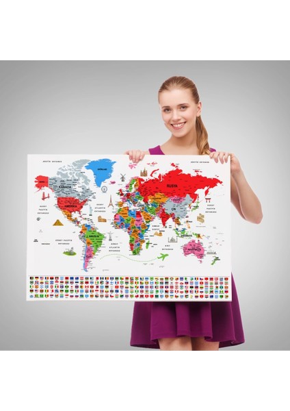 - Türkçe Dünya Haritası Ayrıntılı Eğitici Sembollü Bayraklı Dekoratif Kanvas Tablo 2884 fırsatları