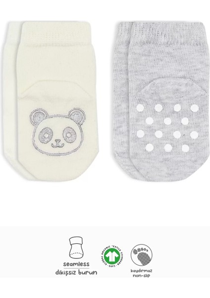 Hayvan Figürlü Kaymaz Soket Çorap 2'li Gri Ekru