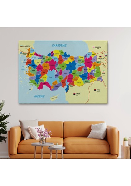 - Türkiye Haritası Kanvas Tablo Sınır Komşulu Eğitici Dekoratif Tablo 3089