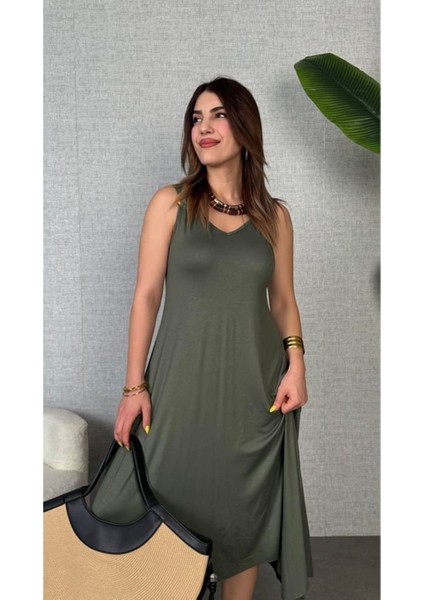 Kadın Çan Dokuma Kumaş V Yaka Asimetrik Kesim Elbise