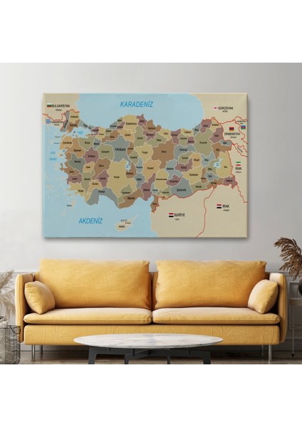 - Türkiye Haritası Kanvas Tablo Sınır Komşulu Eğitici Dekoratif Tablo 3106