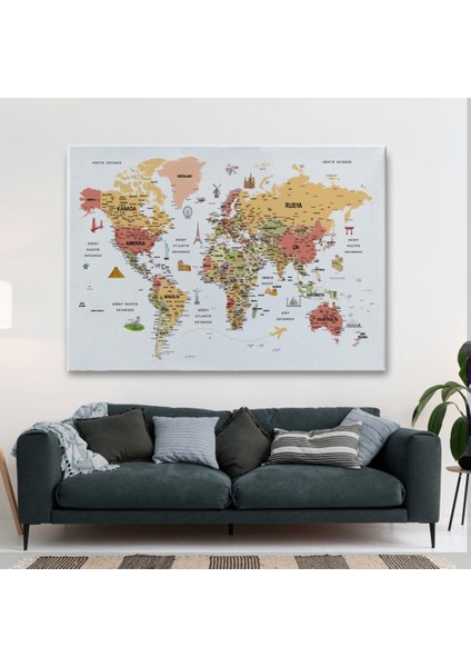 - Türkçe Dünya Haritası Son Derece Ayrıntılı Eğitici ve Sembollü Kanvas Tablo 3206