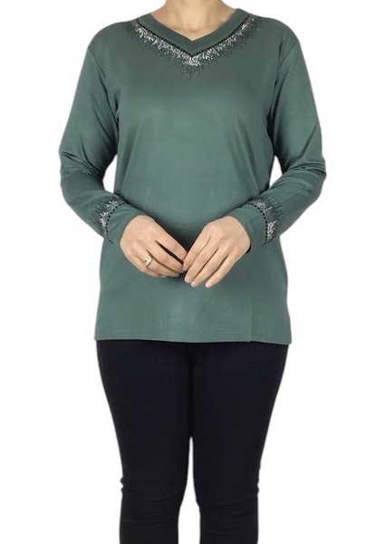 Kadın Yaka ve Kolağzı Taşlı Likralı Penye Bluz modelleri