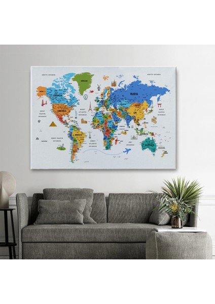 - Türkçe Dünya Haritası Son Derece Ayrıntılı Eğitici ve Sembollü Kanvas Tablo 3232