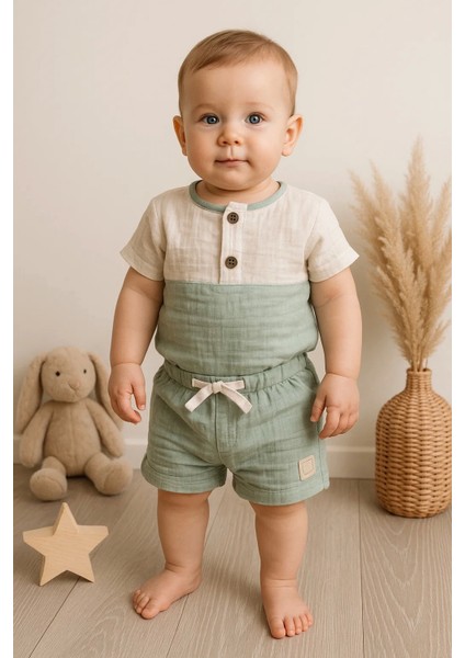 Müslin Şortlu 2' Li Erkek Bebek Takım % 100 Pamuk