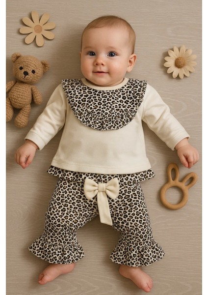 Leopar Detaylı 2'li Kız Bebek Takım %100 Pamuk