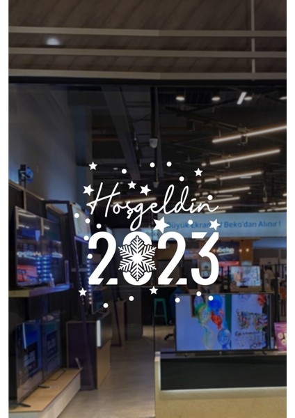 El Yazısı ile Hoşgeldin 2023 Yazısı ve Kar Tanesi Vitrin Cam Mağaza Süslemeleri 70X60 cm