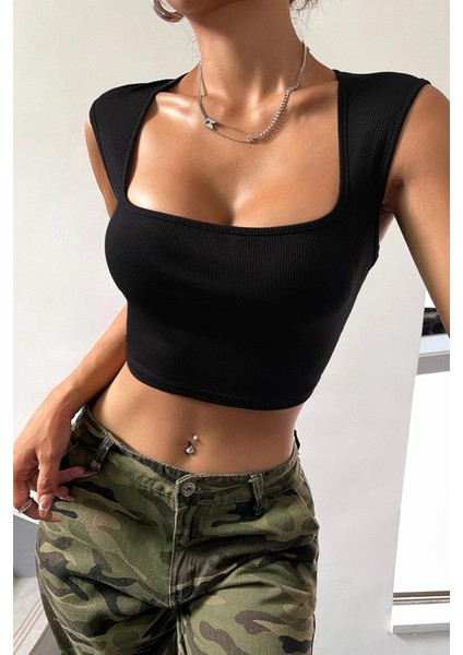 Kadın Siyah Kare Yaka Kalınlaşan Omuz Detaylı Crop Top Bluz
