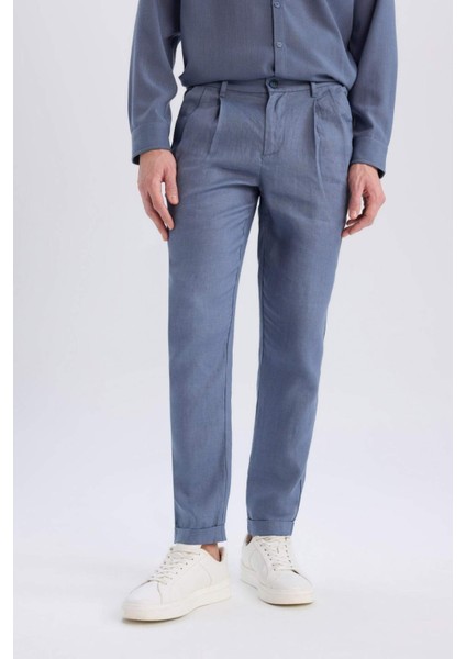 %100 Keten Normal Kesim Crop Duble Paça Yazlık Kumaş Pantolon C1826AX25SM