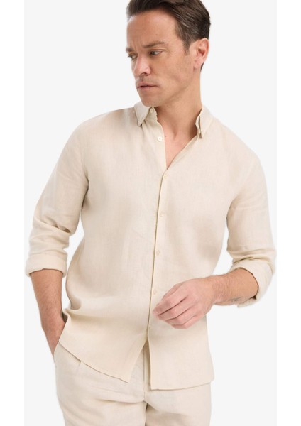 %100 Keten Regular Fit Polo Yaka Yazlık Basic Düz Uzun Kollu Gömlek C1825AX25SM