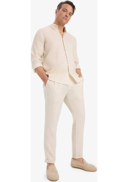 %100 Keten Regular Fit Polo Yaka Yazlık Basic Düz Uzun Kollu Gömlek C1825AX25SM