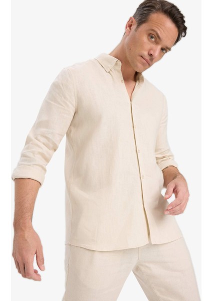 %100 Keten Regular Fit Polo Yaka Yazlık Basic Düz Uzun Kollu Gömlek C1825AX25SM