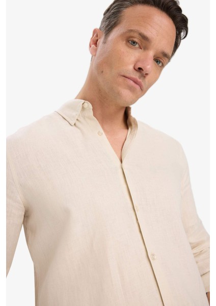 %100 Keten Regular Fit Polo Yaka Yazlık Basic Düz Uzun Kollu Gömlek C1825AX25SM