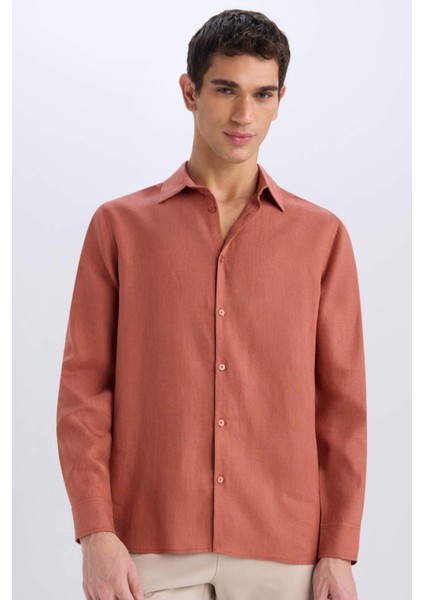 %100 Keten Regular Fit Polo Yaka Yazlık Basic Düz Uzun Kollu Gömlek C1825AX25SM