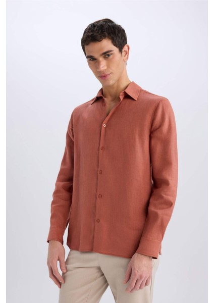%100 Keten Regular Fit Polo Yaka Yazlık Basic Düz Uzun Kollu Gömlek C1825AX25SM