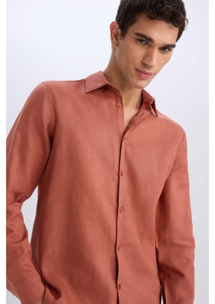 %100 Keten Regular Fit Polo Yaka Yazlık Basic Düz Uzun Kollu Gömlek C1825AX25SM