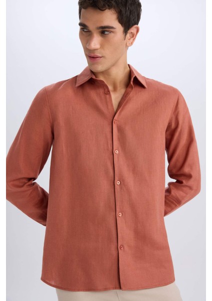 %100 Keten Regular Fit Polo Yaka Yazlık Basic Düz Uzun Kollu Gömlek C1825AX25SM
