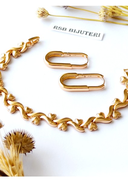 Küpe Oval ve Bileklik Kalp Xupıngg Altın Kaplama 316 L Çelik 2'li Set + Hediye Paket