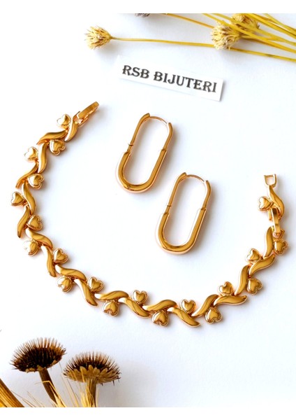 Küpe Oval ve Bileklik Kalp Xupıngg Altın Kaplama 316 L Çelik 2'li Set + Hediye Paket