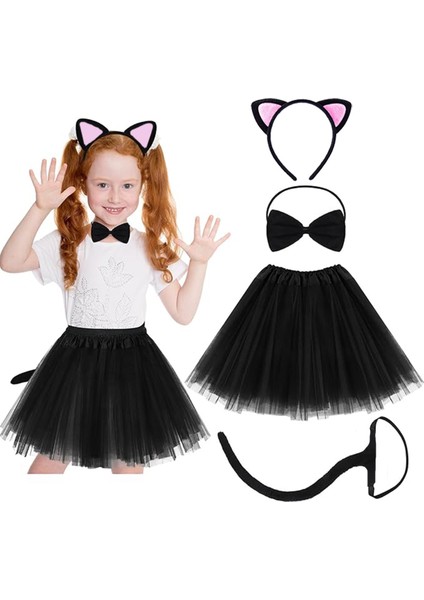Kedi Kulak Taç Etek Kuyruk ve Papyon 4 Lü Set Çocuk Pembe (4457)