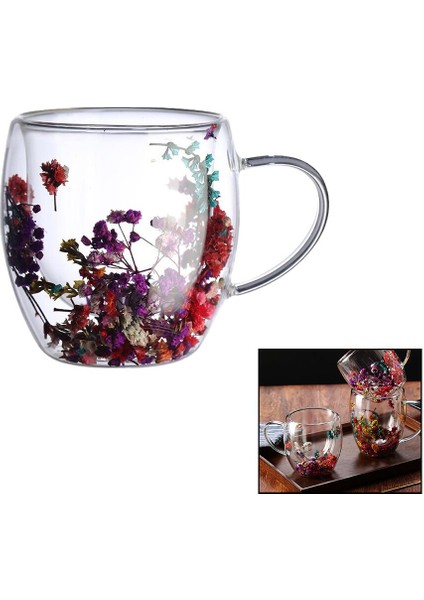 240ML - Geniş - Kalpli Çift Cidarlı - Çiçek Süslü Termisil - Isıya Dayanıklı Cam Bardak (4457)