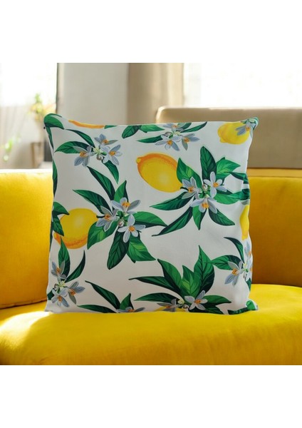 Dijital Baskı Limon Çiçeği Detaylı Pamuklu Kırlent Kılıfı