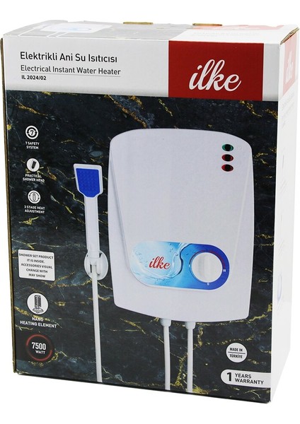 Ilke Elektrikli Şofben 7500W 3 Kademeli Isı Ayarı 7 Emniyet I Duş Başlık--Askı - Hortum, Aparat modelleri