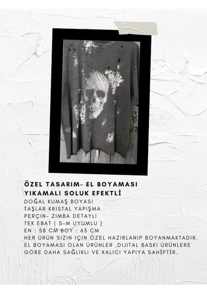 Yıkamalı Soluk Efektli El Boyaması Kurukafa3 Standart Gri T-Shirt