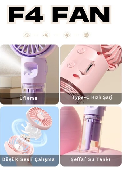 F4 Buharlı El Fanı USB Şarjlı, Sprey Özellikli, Ultra Hafif modelleri